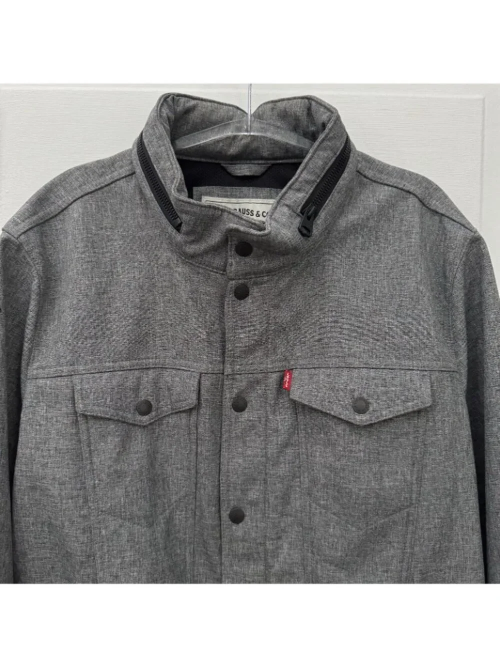 Levi’s Gray Hooded Trucker Jacket L Snap Front Fleece Lined Hidden Hood FLAW